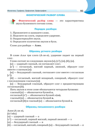 ФОНЕТИЧЕСКИЙ РАЗБОР СЛОВА
Фонетический разбор слова — это характеристика
звуко-буквенного состава слова.
Порядок разбора
1. Произнесите и запишите слово.
2. Поделите на слоги, определите ударение.
3. Охарактеризуйте звуки.
4. Определите количество звуков и букв.
Слово для разбора — Азия.
Образец устного разбора
В слове Азия три слога (А-зи-я), ударение падает на первый
слог.
Слово состоит из следующих звуков [а], [з’], [и], [й], [а].
[а] — ударный гласный, он составляет слог;
[з’] — согласный, мягкий парный, звонкий, образует слог
вместе с гласным [и];
[и] — безударный гласный, составляет слог вместе с согласным
[з’];
[й] — согласный, мягкий непарный, сонорный, образует слог
с последующим гласным [а];
[а] — безударный гласный, образует слог с предшествующим
согласным [й].
Пять звуков в этом слове обозначаются четырьмя буквами:
гласный [а] — обозначается буквой а,
согласный [з’] — обозначается буквой з (зэ),
гласный [и] — обозначается буквой и,
согласный [й] и гласный [а] — обозначаются буквой я.
Образец письменного разбора
Азия (А-зи-я),
[àз’ийа]
[а] — ударный гласный — а
[з’] — согласный, парный мягкий, парный звонкий — з
[и] — безударный гласный — и
[й] — согласный, мягкий, сонорный; [а] — безударный гласный — я
93Фонетика. Графика. Орфоэпия. Орфография
 