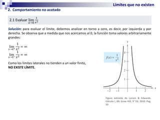 Límites que no existen
2. Comportamiento no acotado
2.1 Evaluar lim
𝑥→0
1
𝑥2
Solución: para evaluar el límite, debemos analizar en torno a cero, es decir, por izquierda y por
derecha. Se observa que a medida que nos acercamos al 0, la función toma valores arbitrariamente
grandes:
lim
𝑥→0+
1
𝑥2
= ∞
lim
𝑥→0−
1
𝑥2
= ∞
Como los límites laterales no tienden a un valor finito,
NO EXISTE LÍMITE.
Figura extraída de Larson & Edwards.
Cálculo I, Mc Graw Hill, 9° Ed, 2010. Pag.
50
 