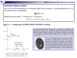 Definición formal del Límite de una Función
DEFINICIÓN FORMAL DE LÍMITE
Sea 𝑓(𝑥) una función definida en un intervalo abierto que contiene a 𝑐 (salvo posiblemente en 𝑐) y
𝐿 un número real. La afirmación:
𝐥𝐢𝐦
𝒙→𝒄
𝒇(𝒙) = 𝑳
Significa que para todo 𝜀 > 0 existe un 𝛿 > 0 tal que si:
0 < 𝑥 − 𝑐 < 𝛿 ⇒ 𝑓 𝑥 − 𝐿 < 𝜀
𝐥𝐢𝐦
𝒙→𝒄
𝒇(𝒙) = 𝑳 implica que: EL LÍMITE EXISTE y ES IGUAL A L (único)
Figura y contenido extraídos y adaptados de
Thomas, G., Cálculo una Variable, 12da
edición, Pearson Education, 2010. Pag. 58
Una manera de interpretar tal definición es suponer que realizamos una
medición de precisión, por ejemplo del espesor de una pieza mecánica.
Podemos intentar obtener tal espesor 𝐿, pero como la máquina y el proceso
no son perfectos, debemos quedar satisfechos con un espesor 𝑓(𝑥) entre
𝐿 − 𝜀 y 𝐿 + 𝜀 .
El 𝛿 es la medida de qué tan preciso se debe
establecer el control para 𝑥 de forma que se
garantice este grado de precisión en el espesor.
Cuanto más estricta sea la tolerancia para el error,
más ajuste se debe hacer para 𝛿. Esto es, el valor
de 𝛿 (que determina qué tan estricto debe ser el
control) depende del valor 𝜀, que es la tolerancia
de error.
 