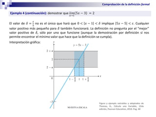 Comprobación de la definición formal
Ejemplo 4 (continuación): demostrar que 𝑙𝑖𝑚
𝑥→1
5𝑥 − 3 = 2
El valor de 𝛿 =
𝜀
5
no es el único que hará que 0 < 𝑥 − 1 < 𝛿 implique 5𝑥 − 5 < 𝜀. Cualquier
valor positivo más pequeño para 𝛿 también funcionará. La definición no pregunta por el “mejor”
valor positivo de 𝛿, sólo por uno que funcione (aunque la demostración por definición sí nos
permite encontrar el mínimo valor que hace que la definición se cumpla).
Interpretación gráfica:
Figura y ejemplo extraídos y adaptados de
Thomas, G., Cálculo una Variable, 12da
edición, Pearson Education, 2010. Pag. 60
 