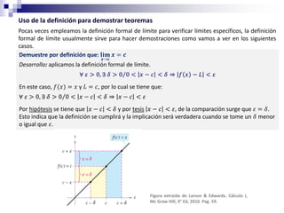 Uso de la definición para demostrar teoremas
Pocas veces empleamos la definición formal de límite para verificar límites específicos, la definición
formal de límite usualmente sirve para hacer demostraciones como vamos a ver en los siguientes
casos.
Demuestre por definición que: 𝐥𝐢𝐦
𝒙→𝒄
𝒙 = 𝒄
Desarrollo: aplicamos la definición formal de límite.
∀ 𝜀 > 0, ∃ 𝛿 > Τ
0 0 < 𝑥 − 𝑐 < 𝛿 ⇒ 𝑓 𝑥 − 𝐿 < 𝜀
En este caso, 𝑓(𝑥) = 𝑥 y 𝐿 = 𝑐, por lo cual se tiene que:
∀ 𝜀 > 0, ∃ 𝛿 > Τ
0 0 < 𝑥 − 𝑐 < 𝛿 ⇒ 𝑥 − 𝑐 < 𝜀
Por hipótesis se tiene que 𝑥 − 𝑐 < 𝛿 y por tesis 𝑥 − 𝑐 < 𝜀, de la comparación surge que 𝜀 = 𝛿.
Esto indica que la definición se cumplirá y la implicación será verdadera cuando se tome un 𝛿 menor
o igual que 𝜀.
Figura extraída de Larson & Edwards. Cálculo I,
Mc Graw Hill, 9° Ed, 2010. Pag. 59.
 