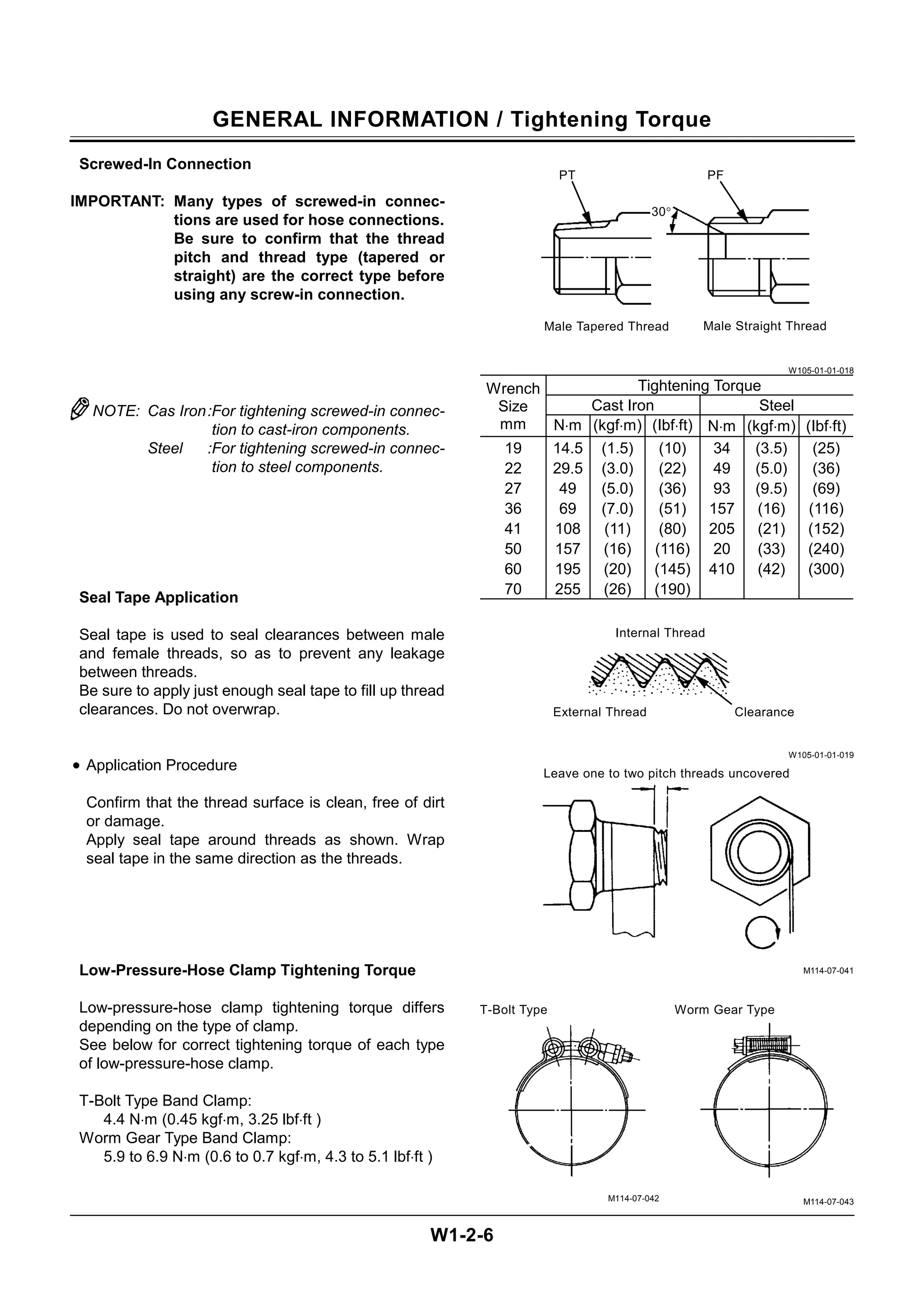 GENERAL INFORMATION / Tightening Torque
W1-2-6
Screwed-In Connection
IMPORTANT: Many types of screwed-in connec-
tions are used for hose connections.
Be sure to confirm that the thread
pitch and thread type (tapered or
straight) are the correct type before
using any screw-in connection.
NOTE: Cas Iron:For tightening screwed-in connec-
tion to cast-iron components.
Steel :For tightening screwed-in connec-
tion to steel components.
Seal Tape Application
Seal tape is used to seal clearances between male
and female threads, so as to prevent any leakage
between threads.
Be sure to apply just enough seal tape to fill up thread
clearances. Do not overwrap.
• Application Procedure
Confirm that the thread surface is clean, free of dirt
or damage.
Apply seal tape around threads as shown. Wrap
seal tape in the same direction as the threads.
Low-Pressure-Hose Clamp Tightening Torque
Low-pressure-hose clamp tightening torque differs
depending on the type of clamp.
See below for correct tightening torque of each type
of low-pressure-hose clamp.
T-Bolt Type Band Clamp:
4.4 N⋅m (0.45 kgf⋅m, 3.25 lbf⋅ft )
Worm Gear Type Band Clamp:
5.9 to 6.9 N⋅m (0.6 to 0.7 kgf⋅m, 4.3 to 5.1 lbf⋅ft )
W105-01-01-018
Tightening Torque
Cast Iron Steel
Wrench
Size
mm N⋅m (kgf⋅m) (Ibf⋅ft) N⋅m (kgf⋅m) (Ibf⋅ft)
19
22
27
36
41
50
60
70
14.5
29.5
49
69
108
157
195
255
(1.5)
(3.0)
(5.0)
(7.0)
(11)
(16)
(20)
(26)
(10)
(22)
(36)
(51)
(80)
(116)
(145)
(190)
34
49
93
157
205
20
410
(3.5)
(5.0)
(9.5)
(16)
(21)
(33)
(42)
(25)
(36)
(69)
(116)
(152)
(240)
(300)
W105-01-01-019
M114-07-041
T-Bolt Type
M114-07-042
Worm Gear Type
M114-07-043
Male Straight Thread
Male Tapered Thread
Clearance
External Thread
Internal Thread
Leave one to two pitch threads uncovered
PT
30°
PF
 