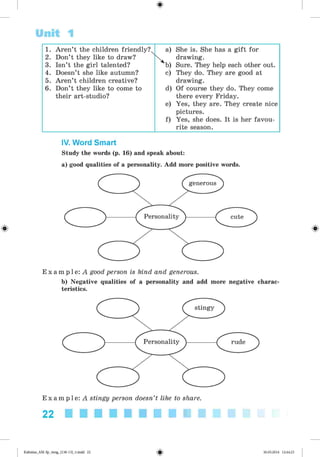 <§>
Unit 1
1. Aren’t the children friendly? a) She is. She has a gift for
2. Don’t they like to draw? drawing.
3. Isn’t the girl talented? b) Sure. They help each other out.
4. Doesn’t she like autumn? c) They do. They are good at
5. Aren’t children creative? drawing.
6. Don’t they like to come to d) Of course they do. They come
their art-studio? there every Friday.
e) Yes, they are. They create nice
pictures.
f) Yes, she does. It is her favou-
rite season.
IV. Word Smart
Study the words (p. 16) and speak about:
a) good qualities of a personality. Add more positive words.
#
E x a m p l e : A good person is kind and generous.
b) Negative qualities of a personality and add more negative charac­
teristics.
E x a m p l e : A stingy person doesn’t like to share.
22 ■ ■ ■ ■ ■ ■ ■ ■ ■ ■
*Kalinina_AM-Sp_6eng_(138-13)_v.indd 22 30.05.2014 12:44:23
 
