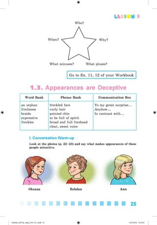 <§>
Lt f SOM 3
Who?
What minuses? What pluses?
#
Go to Ex. 11, 12 of your Workbook
1.3. Appearances are Deceptive
Word Bank Phrase Bank Communication Box
an orphan
liveliness
braids
expressive
freckles
freckled face
curly hair
pointed chin
to be full of spirit
broad and full forehead
clear, sweet voice
To my great surprise...
Anyhow...
In contrast with... #
I. Conversation Warm-up
Look at the photos (p. 22-23) and say what makes appearances of these
people attractive.
Oksana Bohdan Ann
25
Kalinina_AM-Sp_6eng_(138-13)_v.indd 25 30.05.2014 12:44:23
 