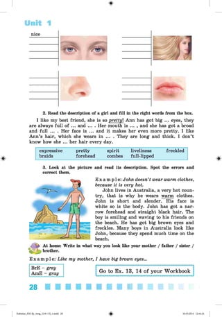 <§>
Unit 1
2. Read the description of a girl and fill in the right words from the box.
I like my best friend, she is so prettyl Ann has got big ... eyes, they
are always full of ... and .... Her mouth is ... , and she has got a broad
and full ... . Her face is ... and it makes her even more pretty. I like
Ann’s hair, which she wears in ... . They Eire long Eind thick. I don’t
know how she ... her hair every day.
expressive pretty spirit liveliness freckled
brsiids forehead combes full-lipped
3. Look at the picture and read its description. Spot the errors and
correct them.
E xam pl e: John doesn’t wear warm clothes,
because it is very hot.
John lives in Australia, a very hot coun­
try, that is why he wears warm clothes.
John is short and slender. His face is
white so is the body. John h£is got a nar­
row forehead Emd straight black hair. The
boy is smiling and waving to his friends on
the beach. He has got big brown eyes and
freckles. Many boys in Australia look like
John, because they spend much time on the
beach.
^ At home: Write in what way you look like your mother / father / sister /
brother.
E xam ple : Like my mother, I have big brown eyes...
BrE - grey
AmE - gray o to Ex. 13, 14 of your Workbook
28
Kalinina_AM-Sp_6eng_(138-13)_v.indd 28 30.05.2014 12:44:24
 