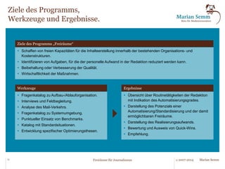 Beispiele für die Arbeit 
in einer idealtypischen Redaktion (III). 
§ Seitenproduktion Print 
§ Automatisierte Seitenanlage für alle Medien und deren Derivate. 
§ Gute Muster in ausreichender Variantenvielfalt für alle Seiten. 
§ Mehrfachverwendung von Inhalten durch austauschbare 
Modulgruppen. 
§ Skripts/Makros für alle wiederholten Arbeiten am Layout. 
§ Automatisierung der Seitenproduktion für Datenbankinhalte 
(Notdienste, Veranstaltungen, Gottesdienste, Sporttabellen, Wetter/ 
Umweltdaten, Fernsehprogramm, etc.) 
§ ... 
§ Digital-Produktion 
§ Nutzungsabhängige Optimierung der Website-Bestückung für 
Frontseite und Ressortleitseiten. 
§ Automatische Erstellung nutzbarer Statistiken. 
§ ... 
15 © 2007-2014 Freiräume für Journalismus Marian Semm 
 