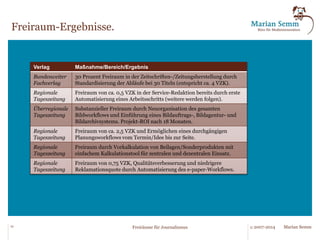 FAQ 
Q A 
Benötigen wir dazu nicht neue 
Systeme? 
In der Regel lässt sich mit bestehender Technik bereits eine 
Menge umsetzen. Das technische System ist nur ein weiterer 
Faktor im Gesamt-System neben Organisation, Abläufen, 
Mitarbeitern. Durch das Programm „Freiräume“ werden aber 
auch die Anforderungen an künftige Systeme geschärft. 
Lohnt sich der Aufwand für das 
Programm? 
Das hängt von sehr vielen Faktoren ab, lässt sich aber am 
Ende der Diagnose-Phase bereits gut abschätzen und nach der 
Umsetzungsplanung beziffern. 
Wir haben seit Jahren optimiert. 
Finden wir da noch etwas? 
Ja. Die externe Perspektive hilft sehr häufig dabei, bestehende 
Grenzen des Denkens einzureißen und Umsetzungshürden zu 
identifizieren und zu überwinden. 
Warum mit dem Büro für 
Medieninnovation? 
Praktische Umsetzungserfahrung in Verlagen und Vorstufen-abteilungen 
seit 1993, erfahren in der Optimierung mit Bord-mitteln: 
Redaktionssysteme, Produktionssysteme, Informati-onssysteme, 
Workflow-Systeme, Roboter, Agenten, Überset-zer, 
Synchronisatoren. 
19 © 2007-2014 Freiräume für Journalismus Marian Semm 
 