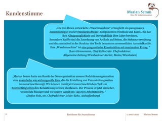 Freiraum-Ergebnisse. 
Verlag Maßnahme/Bereich/Ergebnis 
Bundesweiter 
Fachverlag 
30 Prozent Freiraum in der Zeitschriften-/Zeitungsherstellung durch 
Standardisierung der Abläufe bei 30 Titeln (entspricht ca. 4 VZK). 
Regionale 
Tageszeitung 
Freiraum von ca. 0,5 VZK in der Service-Redaktion bereits durch erste 
Automatisierung eines Arbeitsschritts (weitere werden folgen). 
Überregionale 
Tageszeitung 
Substanzieller Freiraum durch Neuorganisation des gesamten 
Bildworkflows und Einführung eines Bildauftrags-, Bildagentur- und 
Bildarchivsystems. Projekt-ROI nach 18 Monaten. 
Regionale 
Tageszeitung 
Freiraum von ca. 2,5 VZK und Ermöglichen eines durchgängigen 
Planungsworkflows vom Termin/Idee bis zur Seite. 
Regionale 
Tageszeitung 
Freiraum durch Vorkalkulation von Beilagen/Sonderprodukten mit 
einfachem Kalkulationstool für zentralen und dezentralen Einsatz. 
Regionale 
Tageszeitung 
Freiraum von 0,75 VZK, Qualitätsverbesserung und niedrigere 
Reklamationsquote durch Automatisierung des e-paper-Workflows. 
20 © 2007-2014 Freiräume für Journalismus Marian Semm 
 