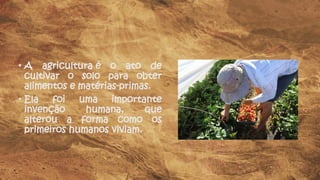 • A agricultura é o ato de
cultivar o solo para obter
alimentos e matérias-primas.
• Ela foi uma importante
invenção humana, que
alterou a forma como os
primeiros humanos viviam.
 