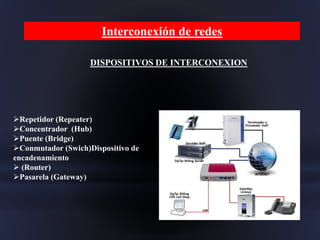 DISPOSITIVOS DE INTERCONEXION
Repetidor (Repeater)
Concentrador (Hub)
Puente (Bridge)
Conmutador (Swich)Dispositivo de
encadenamiento
 (Router)
Pasarela (Gateway)
Interconexión de redes
 