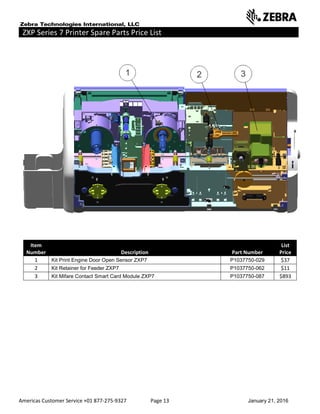 Americas Customer Service +01 877-275-9327 Page 13 January 21, 2016
ZXP Series 7 Printer Spare Parts Price List _____ ___________________________
Item
Number Description Part Number
List
Price
1 Kit Print Engine Door Open Sensor ZXP7 P1037750-029 $37
2 Kit Retainer for Feeder ZXP7 P1037750-062 $11
3 Kit Mifare Contact Smart Card Module ZXP7 P1037750-087 $893
 
