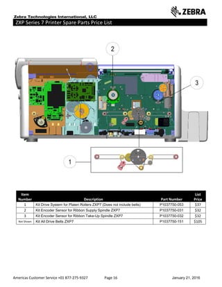 Americas Customer Service +01 877-275-9327 Page 16 January 21, 2016
ZXP Series 7 Printer Spare Parts Price List _____ ___________________________
Item
Number Description Part Number
List
Price
1 Kit Drive System for Platen Rollers ZXP7 (Does not include belts) P1037750-053 $37
2 Kit Encoder Sensor for Ribbon Supply Spindle ZXP7 P1037750-031 $32
3 Kit Encoder Sensor for Ribbon Take-Up Spindle ZXP7 P1037750-032 $32
Not Shown Kit All Drive Belts ZXP7 P1037750-151 $105
 