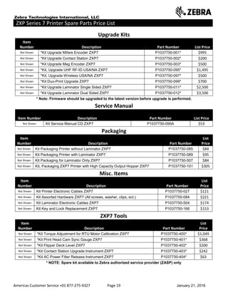 Americas Customer Service +01 877-275-9327 Page 19 January 21, 2016
ZXP Series 7 Printer Spare Parts Price List _____ ___________________________
Upgrade Kits
Item
Number Description Part Number List Price
Not Shown *Kit Upgrade Mifare Encoder ZXP7 P1037750-001* $995
Not Shown *Kit Upgrade Contact Station ZXP7 P1037750-002* $200
Not Shown *Kit Upgrade Mag Encoder ZXP7 P1037750-003* $500
Not Shown *Kit, Upgrade UHF RF-ID USA/NA ZXP7 P1037750-095* $1,495
Not Shown *Kit, Upgrade Wireless USA/NA ZXP7 P1037750-097* $500
Not Shown *Kit Duo-Print Upgrade ZXP7 P1037750-099* $700
Not Shown *Kit Upgrade Laminator Single Sided ZXP7 P1037750-011* $2,500
Not Shown *Kit Upgrade Laminator Dual Sided ZXP7 P1037750-012* $3,500
* Note: Firmware should be upgraded to the latest version before upgrade is performed.
Service Manual
Item Number Description Part Number List Price
Not Shown Kit Service Manual CD ZXP7 P1037750-090A $53
Packaging
Item
Number Description Part Number
List
Price
Not Shown Kit Packaging Printer without Laminator ZXP7 P1037750-085 $84
Not Shown Kit Packaging Printer with Laminator ZXP7 P1037750-089 $95
Not Shown Kit Packaging for Laminator Only ZXP7 P1037750-507 $84
Not Shown Kit, Packaging ZXP7 Printer with High Capacity Output Hopper ZXP7 P1037750-101 $305
Misc. Items
Item
Number Description Part Number
List
Price
Not Shown Kit Printer Electronic Cables ZXP7 P1037750-027 $121
Not Shown Kit Assorted Hardware ZXP7 (All screws, washer, clips, ect.) P1037750-084 $221
Not Shown Kit Laminator Electronic Cables ZXP7 P1037750-504 $174
Not Shown Kit Key and Lock Replacement ZXP7 P1037750-166 $153
ZXP7 Tools
Item
Number Description Part Number
List
Price
Not Shown *Kit Torque Adjustment for RTU Motor Calibration ZXP7 P1037750-400* $1,049
Not Shown *Kit Print Head Cam Sync Gauge ZXP7 P1037750-401* $368
Not Shown *Kit Flipper Deck Level ZXP7 P1037750-402* $200
Not Shown *Kit Contact Station Upgrade Instrument ZXP7 P1037750-403* $242
Not Shown *Kit AC Power Filter Release Instrument ZXP7 P1037750-404* $63
* NOTE: Spare kit available to Zebra authorized service provider (ZASP) only
 