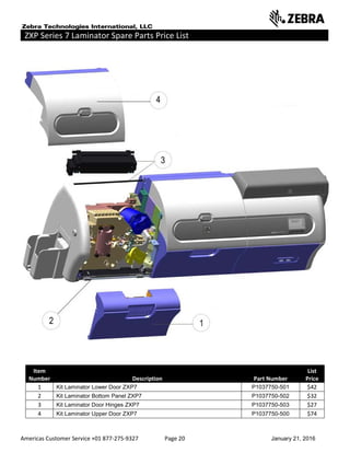 Americas Customer Service +01 877-275-9327 Page 20 January 21, 2016
ZXP Series 7 Laminator Spare Parts Price List ______ ___________________ __
Item
Number Description Part Number
List
Price
1 Kit Laminator Lower Door ZXP7 P1037750-501 $42
2 Kit Laminator Bottom Panel ZXP7 P1037750-502 $32
3 Kit Laminator Door Hinges ZXP7 P1037750-503 $27
4 Kit Laminator Upper Door ZXP7 P1037750-500 $74
 