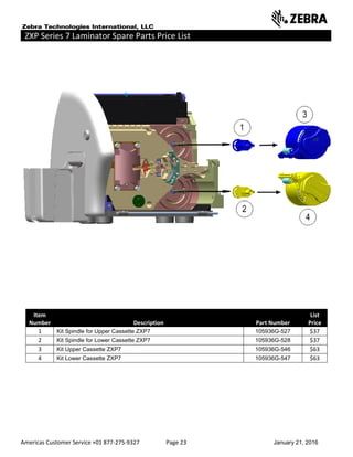 Americas Customer Service +01 877-275-9327 Page 23 January 21, 2016
ZXP Series 7 Laminator Spare Parts Price List ______ ___________________ __
Item
Number Description Part Number
List
Price
1 Kit Spindle for Upper Cassette ZXP7 105936G-527 $37
2 Kit Spindle for Lower Cassette ZXP7 105936G-528 $37
3 Kit Upper Cassette ZXP7 105936G-546 $63
4 Kit Lower Cassette ZXP7 105936G-547 $63
 