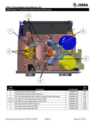 Americas Customer Service +01 877-275-9327 Page 24 January 21, 2016
ZXP Series 7 Laminator Spare Parts Price List ______ ___________________ __
Item
Number Description Part Number
List
Price
1 Kit Static Brush ZXP7 (60mm) 105936G-515 $58
2 Kit Exit Roller Assembly ZXP7 (Qty of 1) 105936G-526 $84
3 Kit Thermopile Module ZXP7 (Same module for upper and lower) 105936G-518 $116
Not Shown Kit Cable for Thermopile Module Upper ZXP7 105936G-530 $53
Not Shown Kit Cable for Thermopile Module Lower ZXP7 105936G-531 $53
4 Kit Laminate Roller ZXP7 (Qty of 1) 105936G-523 $69
5 Kit Upper Cutter Assembly ZXP7 105936G-522 $424
6 Kit Lower Cutter Assembly ZXP7 105936G-508 $424
 
