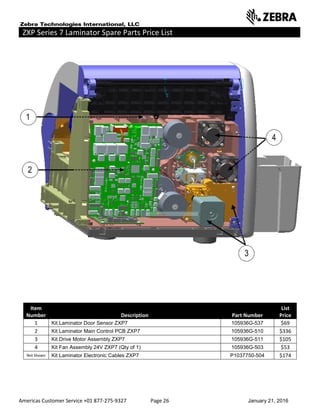 Americas Customer Service +01 877-275-9327 Page 26 January 21, 2016
ZXP Series 7 Laminator Spare Parts Price List ______ ___________________ __
Item
Number Description Part Number
List
Price
1 Kit Laminator Door Sensor ZXP7 105936G-537 $69
2 Kit Laminator Main Control PCB ZXP7 105936G-510 $336
3 Kit Drive Motor Assembly ZXP7 105936G-511 $105
4 Kit Fan Assembly 24V ZXP7 (Qty of 1) 105936G-503 $53
Not Shown Kit Laminator Electronic Cables ZXP7 P1037750-504 $174
 