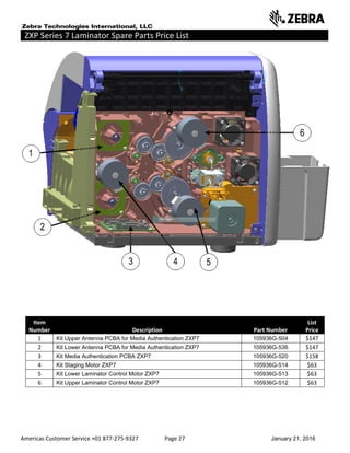 Americas Customer Service +01 877-275-9327 Page 27 January 21, 2016
ZXP Series 7 Laminator Spare Parts Price List ______ ___________________ __
Item
Number Description Part Number
List
Price
1 Kit Upper Antenna PCBA for Media Authentication ZXP7 105936G-504 $147
2 Kit Lower Antenna PCBA for Media Authentication ZXP7 105936G-536 $147
3 Kit Media Authentication PCBA ZXP7 105936G-520 $158
4 Kit Staging Motor ZXP7 105936G-514 $63
5 Kit Lower Laminator Control Motor ZXP7 105936G-513 $63
6 Kit Upper Laminator Control Motor ZXP7 105936G-512 $63
 