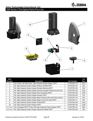 Americas Customer Service +01 877-275-9327 Page 28 January 21, 2016
ZXP Series 7 Pro Spare Parts Price List __________ ______________________
Item
Number Description Part Number
List
Price
1 Kit, Printer Left Side Panel, High Capacity Output Hopper ZXP7 P1037750-112 $137
2 Kit, High Capacity Output Hopper Rollers and Belt ZXP7 P1037750-107 $53
3 Kit, High Capacity Output Hopper Elevator Bushing ZXP7 P1037750-105 $40
4 Kit, High Capacity Output Hopper Sensors (Hopper Present & Cam Lift) P1037750-103 $116
5 Kit, High Capacity Output Hopper Drive Assembly ZXP7 P1037750-106 $195
6 Kit, High Capacity Output Hopper Elevator ZXP7 P1037750-104 $79
7 Kit, High Capacity Output Hopper Base Housing (with card entry sensor) P1037750-110 $42
8 Kit, High Capacity Output Hopper Base Cover and Latch ZXP7 P1037750-111 $53
9 Kit, High Capacity Output Hopper PCBA ZXP7 P1037750-108 $210
10 Kit, High Capacity Output Hopper ZXP7 P1037750-100 $160
Not Shown Kit, Packaging ZXP7 Printer with High Capacity Output Hopper ZXP7 P1037750-101 $305
Not Shown Kit, High Capacity Output Hopper Electrical Cables ZXP7 P1037750-109 $63
 