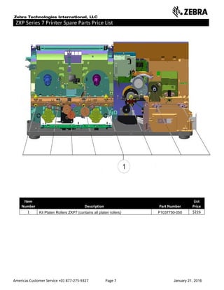 Americas Customer Service +01 877-275-9327 Page 7 January 21, 2016
ZXP Series 7 Printer Spare Parts Price List _____ ___________________________
Item
Number Description Part Number
List
Price
1 Kit Platen Rollers ZXP7 (contains all platen rollers) P1037750-050 $226
 