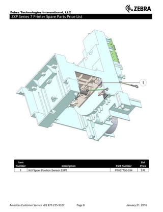 Americas Customer Service +01 877-275-9327 Page 8 January 21, 2016
ZXP Series 7 Printer Spare Parts Price List _____ ___________________________
Item
Number Description Part Number
List
Price
1 Kit Flipper Position Sensor ZXP7 P1037750-034 $32
 