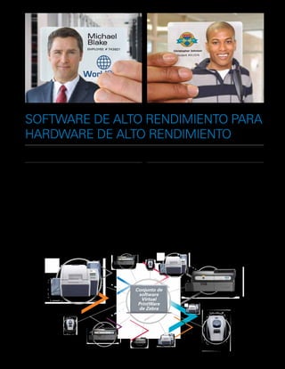 SOFTWARE DE ALTO RENDIMIENTO PARA
HARDWARE DE ALTO RENDIMIENTO
CardStudio™ de Zebra

Virtual PrintWare™ de Zebra

Ya sea que tenga una pequeña empresa o una gran
organización, el software CardStudio le facilita la tarea
de diseñar e imprimir tarjetas con acabado impecable
y profesional. Este software le permite sacar el
máximo provecho de las funciones de la impresora
ZXP Series 7, incluida la codificación y el laminado de
tarjetas inteligentes.

El software Virtual PrintWare de Zebra ha sido diseñado
para facilitar la tarea de generar tarjetas desde sus
propias aplicaciones. La capacidad de impresión
basada en plantillas permite integrar fácilmente
aplicaciones de impresión de tarjetas de terceros y el
flujo de producción de tarjetas.

Los permisos de red flexibles para uno o varios
usuarios y las opciones de integración de base de
datos, hacen de este software de diseño de tarjetas el
complemento ideal para la impresora ZXP Series 7.
Para mayor información, visite
www.zebra.com/cardstudio

Puede imprimir desde una o más impresoras de
tarjetas conectadas en red, y controlar de manera
remota el estado y condiciones de la impresora. Para
aumentar la capacidad y el volumen de impresión,
también puede usar el software para reunir varias
impresoras y administrarlas como si fueran una sola.
Para mayor información, visite
www.zebra.com/virtualprintware

Conjunto de
software
Virtual
PrintWare
de Zebra

Ficha técnica de la impresora de tarjetas ZXP Series 7 de Zebra

3

 