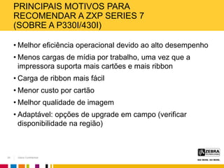 Zebra Confidential
PRINCIPAIS MOTIVOS PARA
RECOMENDAR A ZXP SERIES 7
(SOBRE A P330I/430I)
• Melhor eficiência operacional devido ao alto desempenho
• Menos cargas de mídia por trabalho, uma vez que a
impressora suporta mais cartões e mais ribbon
• Carga de ribbon mais fácil
• Menor custo por cartão
• Melhor qualidade de imagem
• Adaptável: opções de upgrade em campo (verificar
disponibilidade na região)
29
 