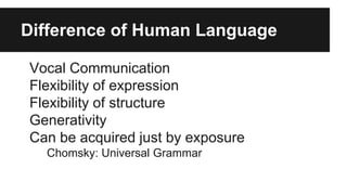 Difference of Human Language
Vocal Communication
Flexibility of expression
Flexibility of structure
Generativity
Can be acquired just by exposure
Chomsky: Universal Grammar
 