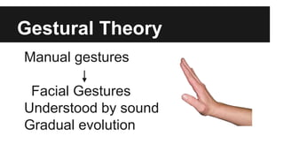Gestural Theory
Manual gestures
Facial Gestures
Understood by sound
Gradual evolution
 