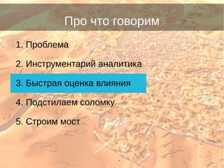 Про что говорим
1. Проблема
2. Инструментарий аналитика
3. Быстрая оценка влияния
4. Подстилаем соломку
5. Строим мост
 