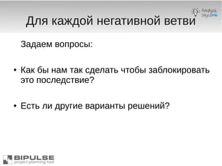 Для каждой негативной ветви
Задаем вопросы:
● Как бы нам так сделать чтобы заблокировать
это последствие?
● Есть ли другие варианты решений?
 