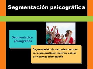 14
Segmentación psicográfica
Segmentacion
psicográfica
Segmentación de mercado con base
en la personalidad, motivos, estilos
de vida y geodemografía
 