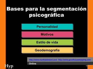 15
Bases para la segmentación
psicográfica
Personalidad
Motivos
Estilo de vida
Geodemografía
Online
http://www.marthastewart.com http://www.goodhousekeeping.com
Hyp
 
