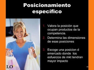 40
Posicionamiento
específico
1. Valora la posición que
ocupan productos de la
competencia.
2. Determina las dimensiones
de esas posiciones
3. Escoge una posicion d
emercado donde los
esfuerzos de mkt tendran
mayor impacto
LO9
 