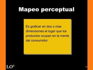 42
Es graficar en dos o mas
dimensiones el lugar que los
productos ocupan en la mente
del consumidor
Mapeo perceptual
LO9
 