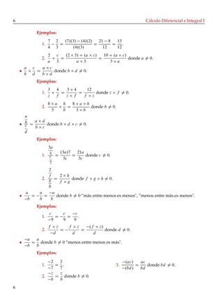 6 Cálculo Diferencial e Integral I
Ejemplos:
1.
7
4
2
3
D
.7/.3/ .4/.2/
.4/.3/
D
21 8
12
D
13
12
.
2.
2
a
C
c
5
D
.2 5/ C .a c/
a 5
D
10 C .a c/
5 a
donde a ¤ 0.
a
b
c
d
D
a c
b d
donde b d ¤ 0.
Ejemplos:
1.
3
z
4
f
D
3 4
z f
D
12
f z
donde z f ¤ 0.
2.
8 a
5
h
b
D
8 a h
5 b
donde b ¤ 0.
a
b
c
d
D
a d
b c
donde b d c ¤ 0.
Ejemplos:
1.
3a
5
c
7
D
.3a/7
5c
D
21a
5c
donde c ¤ 0.
2.
2
f
g
h
D
2 h
f g
donde f g h ¤ 0.
a
b
D
a
b
D
a
b
donde b ¤ 0 “más entre menos es menos", “menos entre más es menos".
Ejemplos:
1.
c
9
D
c
9
D
c
9
.
2.
f z
d
D
f z
d
D
.f z/
d
donde d ¤ 0.
a
b
D
a
b
donde b ¤ 0 “menos entre menos es más".
Ejemplos:
1.
2
7
D
2
7
.
2.
z
b
D
z
b
donde b ¤ 0.
3.
.ac/
.bd/
D
ac
bd
donde bd ¤ 0.
6
 