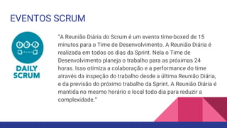 EVENTOS SCRUM
“A Reunião Diária do Scrum é um evento time-boxed de 15
minutos para o Time de Desenvolvimento. A Reunião Diária é
realizada em todos os dias da Sprint. Nela o Time de
Desenvolvimento planeja o trabalho para as próximas 24
horas. Isso otimiza a colaboração e a performance do time
através da inspeção do trabalho desde a última Reunião Diária,
e da previsão do próximo trabalho da Sprint. A Reunião Diária é
mantida no mesmo horário e local todo dia para reduzir a
complexidade.“
 