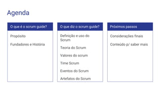 Propósito
Fundadores e História
Agenda
O que é o scrum guide? O que diz o scrum guide?
Definição e uso do
Scrum
Teoria do Scrum
Valores do scrum
Time Scrum
Eventos do Scrum
Artefatos do Scrum
Próximos passos
Considerações finais
Conteúdo p/ saber mais
 