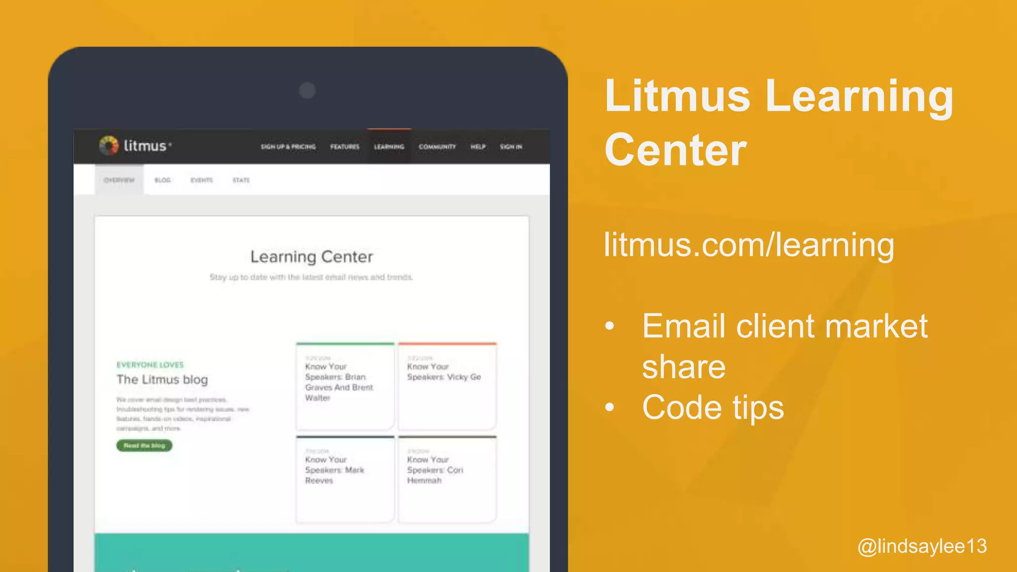 @lindsaylee13
Litmus Learning
Center
litmus.com/learning
• Email client market
share
• Code tips
 
