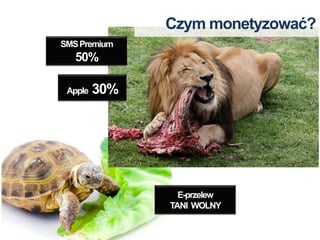 Czym monetyzować?
SMS Premium
   50%

 Apple   30%




                 E-przelew
               TANI WOLNY
 