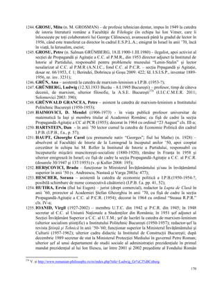 1244. GROSU, Mitu (n. M. GROSMAN) – de profesie tehnician dentar, impus în 1949 la catedra
      de istoria literaturii române a Facultăţii de Filologie (în echipa lui Ion Vitner, care îi
      înlocuieşte pe toţi colaboratorii lui George Călinescu), avansează până la gradul de lector în
      1956, când este transferat ca director în cadrul E.S.P.L.A.; emigrat în Israel în anii ‟70, încă
      în viaţă, la Ierusalim, eseist;
1245. GROSU, Petre (n. Salman GRÜMBERG, 18.II.1900-1.III.1980) - ilegalist, apoi activist al
      secţiei de Propagandă şi Agitaţie a C.C. al P.M.R., din 1953 director adjunct la Institutul de
      Istorie al Partidului, responsabil pentru problemele muzeului “Lenin-Stalin” şi lector
      nesalarizat al C.C. al P.M.R (A.N.I.C., fond C.C. al P.C.R. – secţia Prpagandă şi Agitaţie,
      dosar nr. 66/1953, f. 1; Berindei, Dobrincu şi Goşu 2009: 422; fd. I.S.I.S.P., inventar 1889-
      1956, nr. inv. 3231);
1246. GRÜN, Ana – asistentă la catedra de marxism-leninism a I.P.B. (1953-?);
1247. GRÜNBERG, Ludwig (12.XI.1933 Buzău – 8.I.1995 Bucureşti) – profesor, timp de câteva
      decenii, de marxism, ulterior filosofie, la A.S.E. Bucureşti274 (I.I.C.C.M.E.R. 2011;
      Solomovici 2003: 390);
1248. GRÜNWALD GRANCEA, Petre – asistent la catedra de marxism-leninism a Institutului
      Politehnic Bucureşti (1950-1953);
1249. HAIMOVICI, D. Mendel (1906-1973) - în viaţa publică profesor universitar de
      matematică la Iaşi şi membru titular al Academiei Române; cu fişă de cadre la secţia
      Propagandă-Agitaţie a CC al PCR (1955); decorat în 1964 cu ordinul “23 August” cls. III-a;
1250. HARTSTEIN, Dan - în anii ‟50 lector cumul la catedra de Economie Politică din cadrul
      I.P.B. (I.P.B., f.a., p. 57);
1251. HAUPT, Gheorghe Carol (cu prenumele nativ “Georges”; fiul lui Mathe) (n. 1928) –
      absolvent al Facultăţii de Istorie de la Leningrad la începutul anilor ‟50, apoi cooptat
      cercetător în echipa lui M. Roller la Institutul de Istorie a Partidului, responsabil cu
      începuturile mişcării muncitoreşti-socialiste (1880-1920); rămâne în Franţa în 1958 şi
      ulterior emigrează în Israel; cu fişă de cadre la secţia Propagandă-Agitaţie a C.C. al P.C.R.
      (dosarele 30/1947 şi 137/1955) (v. şi Kuller 2008: 195);
1252. HERŞCOVICI, Bradu – funcţionar în Ministerul Învăţământului şi/sau în învăţământul
      superior în anii ‟50 (v. Andreescu, Nastasă şi Varga 2003a: 477);
1253. HESCHER, Sorana – asistentă la catedra de economie politică a I.P.B.(1950-1954-?,
      posibilă schimbare de nume consecutivă căsătoriei) (I.P.B. f.a. pp. 41, 52);
1254. HUTIRA, Ervin (fiul lui Eugen) – jurist (drept comercial), redactor la Lupta de Clasă în
      anii ‟60, prorector al Academiei Ştefan Gheorghiu în anii ‟70, cu fişă de cadre la secţia
      Propagandă-Agitaţie a C.C. al P.C.R. (1954); decorat în 1964 cu ordinul “Steaua R.P.R.”
      cls. IV-a;
1255. IOANID, Virgil (1927-2002) – membru U.T.C. din 1942 şi P.C.R. din 1945; în 1948
      secretar al C.C. al Uniunii Naţionale a Studenţilor din România; în 1951 şef adjunct al
      Secţiei Învăţământ Superior a C.C. al U.T.M.; şef de lucrări la catedra de marxism-leninism
      (ulterior socialism ştiinţific) a Institutului Politehnic Bucureşti (1950-1957); redactor-şef la
      revista Ştiinţă şi Tehnică în anii ‟50-‟60; funcţionar superior la Ministerul Învăţământului şi
      Culturii (1957-1962); ulterior cadru didactic la Institutul de Construcţii Bucureşti; după
      decembrie 1989 secretar de stat la Ministerul Protecţiei Mediului în guvernul Petre Roman;
      ulterior şef al unui departament de studii sociale al administraţiei prezidenţiale în primul
      mandat prezidenţial al lui Ion Iliescu, iar între 2001 şi 2002 preşedinte al Fondului Român

274
      V. şi http://www.romanian-philosophy.ro/ro/index.php?title=Ludwig_Gr%C3%BCnberg.

                                                                                                  170
 