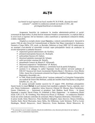 ALŢII

            (cu funcţii la nivel regional sau local, membri P.C.R./P.M.R., decoraţi de statul
                  comunist325, membri în conducerea centrală sau locală a C.D.E., alţi
                                   privilegiaţi/beneficiari ai sistemului)


            Acapararea funcţiilor de conducere în ierarhia administrativ-politică şi social-
economică de după război, în plină fază de instaurare brutală a comunismului, s-a replicat fidel şi
la nivel local şi regional, într-un fenomen a cărui cuantificare şi reproducere exhaustivă rămân,
evident, imposibile.
            Alegând ca exemplu aleator oraşul Suceava, o sinteză contrainformativă întocmită în
martie 1946 de către biroul de Contrainformaţii al Marelui Stat Major (reprodusă în Andreescu,
Nastasă şi Varga 2003a: 229, corob. cu Berindei, Dobrincu şi Goşu 2009: 267-9) indică practic
un monopol cvasi-absolut al minorităţii evreieşti supra principalelor funcţii de conducere la
nivelul municpiului şi judeţului Suceava:
         inspectorul general administrativ (dr. Kesller),
         primarul municipiului Suceava (L. Rozkopf),
         şeful poliţiei Suceava (O. Gabor),
         directorul spitalului municipal (dr. Scharp),
         şeful serviciului veterinar (dr. Heitell),
         preşedintele Camerei de Muncă (T. Hilsenrad),
         directorul cooperativei “Solidaritatea” (P. Reiner);
         şeful secţiei Administrativ-Politice a comitetului local de partid (Schapira);
         acestora li se adăugau în cadrul Siguranţei locale (ulterior serviciul judeţean al
            D.R.S.P. Suceava) Ioil Ancel, locotenenţii Dumitru Bacal, I. Davidovici, Aizic-Moritz
            Feller, Aaron Sin şi locotenent-colonelul Ion Popicu (Adalbert Poppig), şeful Direcţiei
            Regionale a Securităţii, etc.;
         în 1948, filiala locală (numită oficial “secţiune judeţeană”) a Colegiului Farmaciştilor
            era condusă de Ernest Otto Brilliant, ceilalţi doi membri fiind Fina Korner şi Ziegfried
            Schaffer; etc., etc., etc.
            În aceeaşi perioadă imediat sucesivă lui 23 august 1944, distribuţia principalelor
funcţii locale în oraşul Bârlad, la acel moment încă reşedinţă a judeţului Tutova, cuprinde, inter
alia: Henry Goldenstein – subprefect; Iulius Simovici, Gherşin M. Gherşin, Beca Finchelştain,
Gustav Finkelstein ş.a. – funcţionari ai primăriei; Jack Mathias, Iacob Weiss – în (noua)
Siguranţă a oraşului; David Chaim, B. Goldsfarb şi Hary Zupperman – în conducerea filialei
locale A.R.L.U.S.; M. Grimberg, Nicu Herşcovici-Nican şi I Kahaner – în conducerea filialelor
locale ale noilor sindicate controlate de comunişti; Marcu Negreanu (Schwartz), I Kreinfeld ş.a. –
în presa locală; Sicky Marcovici, Nina Dumbravă (Şragher), Iancu Iţicovici, Herşcu Grimberg,
Eusebiu Stark, David Muzicantu, Iancu Sârbu, Ilie Zilberman, Lazăr Solomon, Wolf şi Leizer
Harabagiu, Morell Herşcovici, Ancel Marcovici, Froim Bachman, Moisă Moscovici, B.


325
   În contextul în care în statul comunist, dincolo de simbolistică, orice decorare prin decret de stat implica o
reducere cu 50% a cuantumului impozitelor.

                                                                                                                    205
 