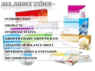 INTRODUCTION

PRODUCTS

FINANCIAL STATUS

GROWTH CHART/ GROWTH RATE

ANALYSIS OF BALANCE SHEET

DIVERSIFICATION & EXPANSION

RECOMMENDATION
 