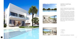 33
SIERRA CORTINA
FINESTRAT
11 luxurious villas will be built on this new devel-
opment in Finestrat. Each beautiful villa has
4 bedrooms, but there is a possibility to change
to 3 bedrooms.
This will make the living room / kitchen bigger,
without extra cost! Each villa is fully south facing
with an individual plot that offers complete pri-
vacy and a magnificent view of the sea and the
mountains: a unique project for all who love tran-
quillity and nature, and also for active families
with children. The project idea is mainly focused
on boosting the location of the properties, since
they present unbeatable orientation and views.
Thanks to their orientation, we can take advan-
tage of all the passive elements that their archi-
tecture offers in order to achieve an efficient
property, with no need to consume energy in a
continuous way.
□□ 4 bedrooms
□□ 4 bathrooms
□□ 264 m2
□□ ¤ 695.000
more info at www.z-yachting.com - SP-NB-728
 