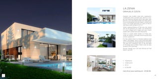 49
□□ 4 bedrooms
□□ 3 bathrooms
□□ 157 m2
□□ ¤ 375.000
more info at www.z-yachting.com - SP-NB-783
LA ZENIA
ORIHUELA COSTA
Fantastic new modern villas with 4 bedrooms,
3 bathrooms and a private pool. Built on 2 lev-
els, with spacious terraces and a free, open view.
Built by a very reputable builder with high quality
finish and equipped with all modern comfort and
luxury. All houses are built on a plot of 378 m2
and have a built surface of 157 m2
.
Within walking distance of the cosy city centre
and all the facilities you need. Los Montesinos
is a busy village with a large and cosy church
square with several bars and restaurants.
There is a small street market on Friday eve-
nings, an outdoor municipal swimming pool and
a music auditorium.
For the walkers there is a marked walking route
called “ruta salada”, and a cycle route that leads
you to the beautiful sandy beaches of Torrevieja.
The area has a beautiful view of the salt lakes
of Torrevieja and La Mata! There is also an easy
access to the motorway.
Quickly request your visit and discover all that
beauty yourself!
 