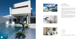 51
□□ 3 bedrooms
□□ 3 bathrooms
□□ 128 m2
□□ ¤ 284.950
more info at www.z-yachting.com - SP-NB-782
LA ZENIA
ORIHUELA COSTA
This new project consists of 36 exclusive villas at
only 900 m from the beach! The houses all have
3 bedrooms, 3 bathrooms with private swim-
ming pool, built on plots of 177 m2
.
The homes come very well equipped includ-
ing: air conditioning, white goods, electric blinds
in the living room, outdoor kitchen with BBQ,
internal & external LED lights, and kitchen with
island and table.
An absolute unique extra advantage to these
houses is the closed garage! Apart from the ter-
race and large balcony, there is also possibility to
built a solarium of 47 m2
, for ¤ 15.000.
 