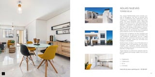 57
□□ 2 bedrooms
□□ 2 bathrooms
□□ 67 m2
□□ ¤ 157.000
more info at www.z-yachting.com - SP-NB-597
AGUAS NUEVAS
TORREVIEJA
This unique Mediterranean style complex con-
sists of bungalows, top floor or ground floor,
with 2 / 3 bedrooms and 2 bathrooms, and of
3 bedrooms / 3 bathrooms ‘quad’ type prop-
erties. The quad properties have a large and
bright living room of 26 m2
with open kitchen, 1
bedroom / 1 bathroom on the ground floor and
another 2 bedrooms / 2 bathrooms on the first
floor, both with access to the solarium. The bun-
galows come with 2 bedrooms / 2 bathrooms,
large terraces for the ground floor bungalows
and a solarium of 53 m2
for the top floors.
Ground floor bungalows are also available with
3 bedrooms for an extra cost of ¤ 3.000. This
new residential urbanization will be a gated
complex with communal swimming pool with
jacuzzi and garden, where you can enjoy your
holidays in the excellent
Mediterranean climate, in one of the best area in
Torrevieja close to all amenities such as super-
markets, bars, shopping centres, restaurants,
public transport and only a 2-minute drive to the
beautiful La Mata beach.
Aguas Nuevas is a well-known peaceful area for
both residents and holiday makers from all over
Europe!
 