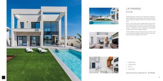 59
□□ 3 bedrooms
□□ 3 bathrooms
□□ 150 m2
□□ ¤ 420.000
more info at www.z-yachting.com - SP-NB-686
LA MARINA
ELCHE
These newbuild villas have a large plot of 500 m2
that integrates the driveway with private parking
and a beautiful garden that has a modern private
pool.
Each of the villas has a large bright living room
with high windows from floor to ceiling that over-
looks the garden, open plan kitchen with storage
room, 3 bedrooms with integrated wardrobes,
3 bathrooms, and 2 large terraces.
These modern homes also have a hot and cold
air conditioning system, video intercom, security
door and pre-installation for alarm.
 
