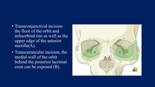 • Transconjunctival incision
the floor of the orbit and
infraorbital rim as well as the
upper edge of the anterior
maxilla(A).
• Transcaruncular incision, the
medial wall of the orbit
behind the posterior lacrimal
crest can be exposed (B).
 