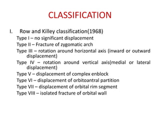 CLASSIFICATION
I. Row and Killey classification(1968)
Type I – no significant displacement
Type II – Fracture of zygomatic arch
Type III – rotation around horizontal axis (inward or outward
displacement)
Type IV – rotation around vertical axis(medial or lateral
displacement)
Type V – displacement of complex enblock
Type VI – displacement of orbitoantral partition
Type VII – displacement of orbital rim segment
Type VIII – isolated fracture of orbital wall
 